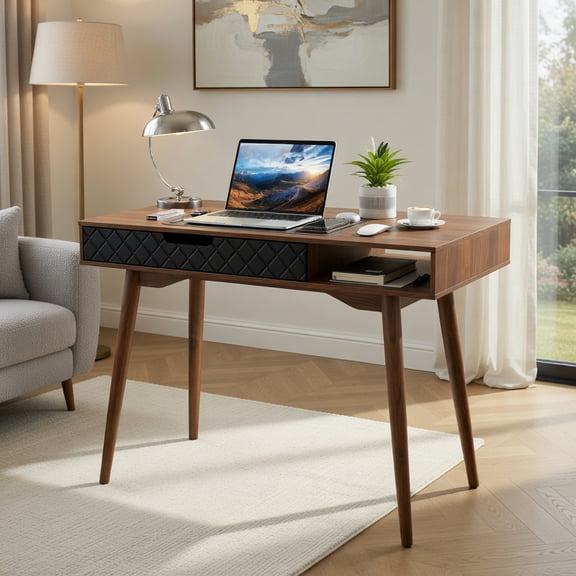 Demi Bonn Mid-Century Modern Computer Desk, Rubber Wood Legs, Anti-Tipping Device, with Drawer and Open Compartment-Brown