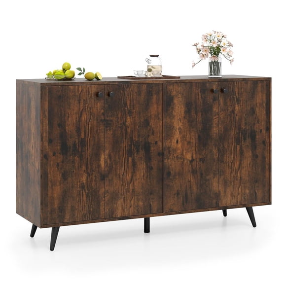 Demi Bonn Mid-Century Modern Sideboard,4-Door 2 Adjustable Shelves,5-Leg Support Anti-Tip,Rustic Brown & Black