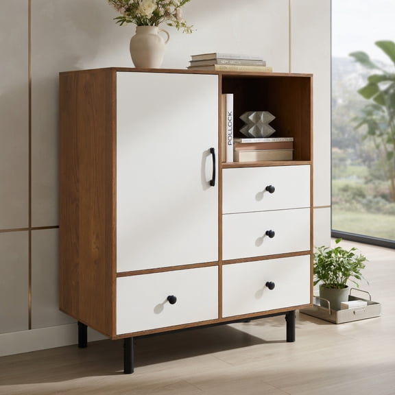 Demi Bonn Mid-Century Sideboard,4-Drawer Open Compartment,Anti-Tip Raised Legs,Natural
