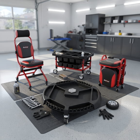Demi Bonn Mobile Automotive Repair Creeper with 360° Swivel Wheels, Divided Storage Compartments & Built-in Tool Magnets, PVC & PP Workshop Rolling Cart, Black