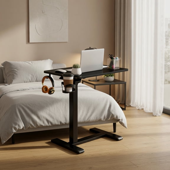 Demi Bonn Mobile Height-Adjustable Overbed Table, Gas Spring Lift, Cup Holder, Hidden Wheels, Black
