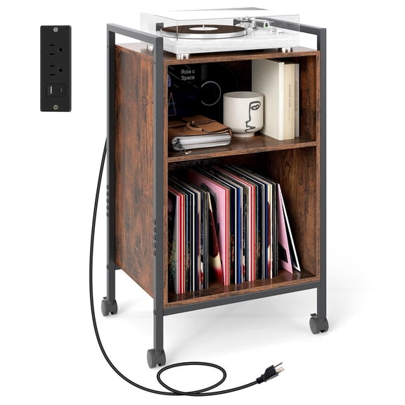 Demi Bonn Mobile Record Player Stand, 3-Tier Storage, Power Outlet, Rolling Wheels, Rustic Brown