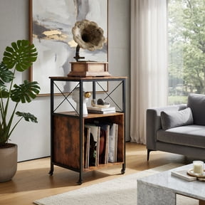 Demi Bonn Mobile Record Player Stand, Power Outlet, Open Shelf + Dividers, Rolling Wheels, Rustic Brown