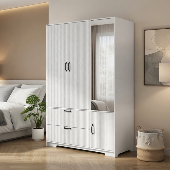 Demi Bonn Modern 4-Door Wardrobe with Full-Length Mirror, LED Motion Sensor Light, Adjustable Shelves & 2 Large Drawers, Wooden Storage Cabinet for Bedroom, White