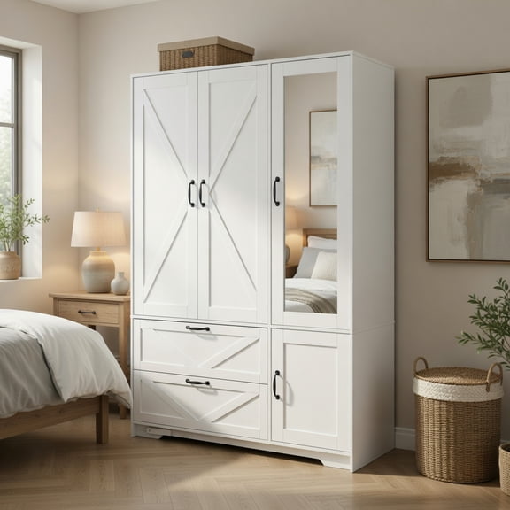Demi Bonn Modern 4-Door Wardrobe with Full-Length Mirror, LED Motion Sensor Lights, Adjustable Shelves & 2 Drawers, Wooden Storage Closet for Bedroom, White