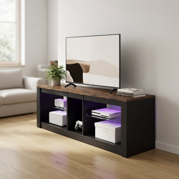 Demi Bonn Modern 55-inch LED TV Stand with Adjustable Tempered Glass Shelves for 43-65 inch TVs, Multi-Tone Engineered Wood Entertainment Console, Oak