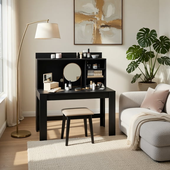Demi Bonn Modern Computer Desk, Charging Station, H-Shaped Frame, with Hutch and Storage Shelves-Black