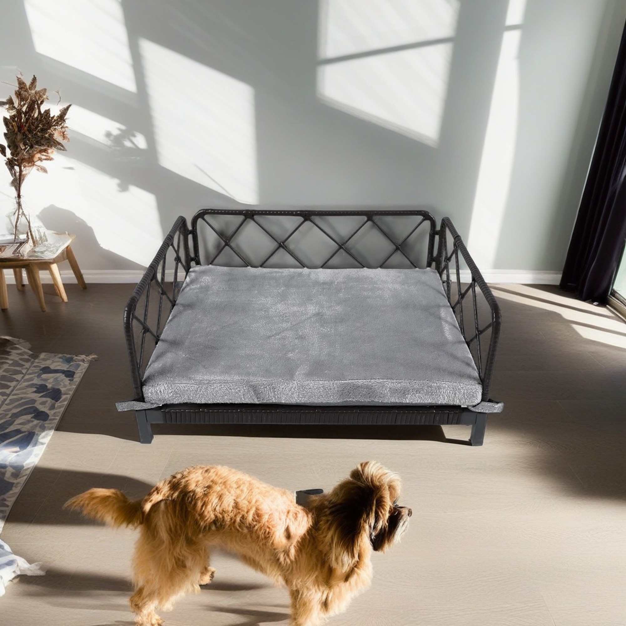 resenkos Modern Dog Sofa 25" Wide Wicker Pet Bed with Removable Mattress Cover in, Water Resistant Rattan Dog Couch for Outdoor Indoor, Black