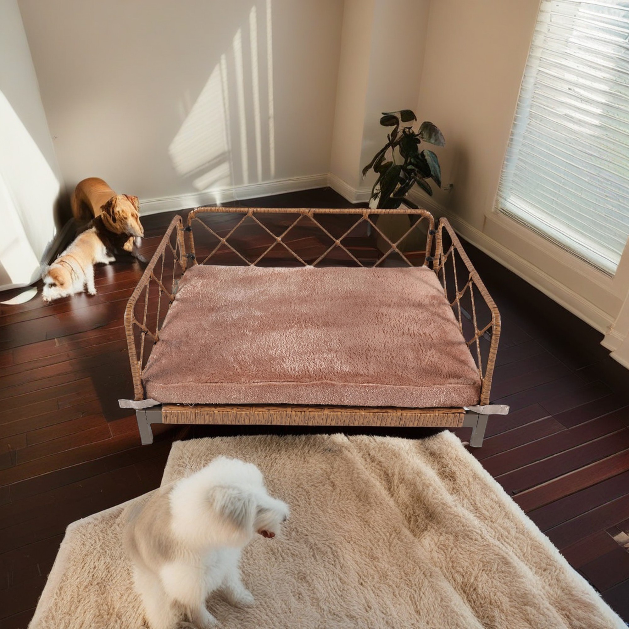 Kadyn Modern Dog Sofa 25" Wide Wicker Pet Bed with Removable Mattress Cover in, Water Resistant Rattan Dog Couch for Outdoor Indoor, Brown