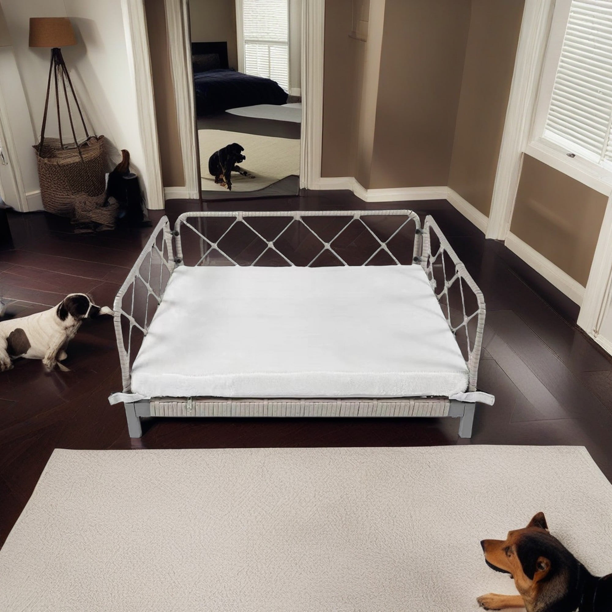 Kadyn Modern Dog Sofa 25" Wide Wicker Pet Bed with Removable Mattress Cover in, Water Resistant Rattan Dog Couch for Outdoor Indoor, Gray