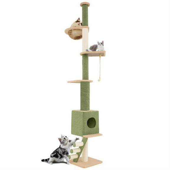 Demi Bonn Modern Floor to Ceiling Cat Tree with 86-99.5 Inch Adjustable Height, Cat Tower Condo for Indoor Cats with Cozy Condos and Extra Post, Green