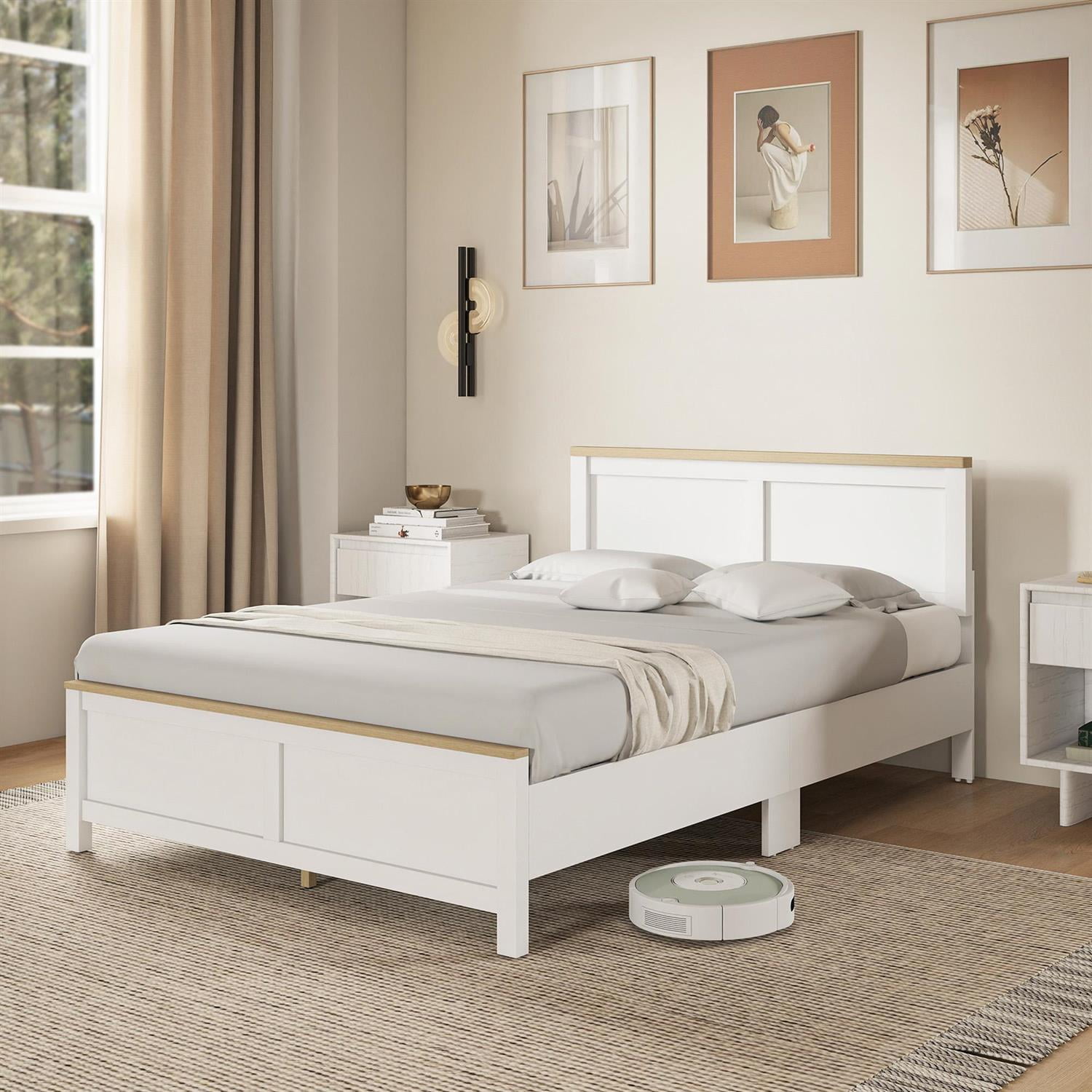 Demi Bonn Modern Full Bedframe with Headboard, WoodSlat Design NoBoxSpringRequired, EasyAssembly Bed for Bedrooms, White