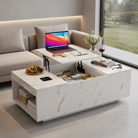 Demi Bonn Lift Top Coffee Table with Storage, 24-Color LED Lighting, Wireless Charging Pad & Built-in Bluetooth Speaker, Modern White Living Room Table