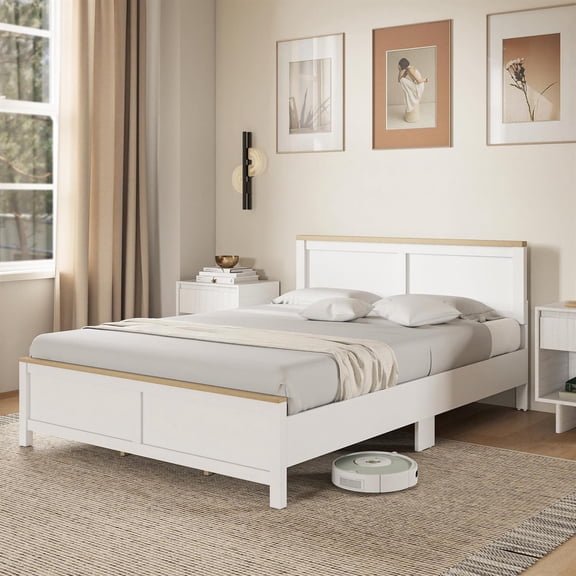 Demi Bonn Modern Queen Bedframe with Headboard, WoodSlat Design NoBoxSpringRequired, EasyAssembly Bed for Bedrooms, White