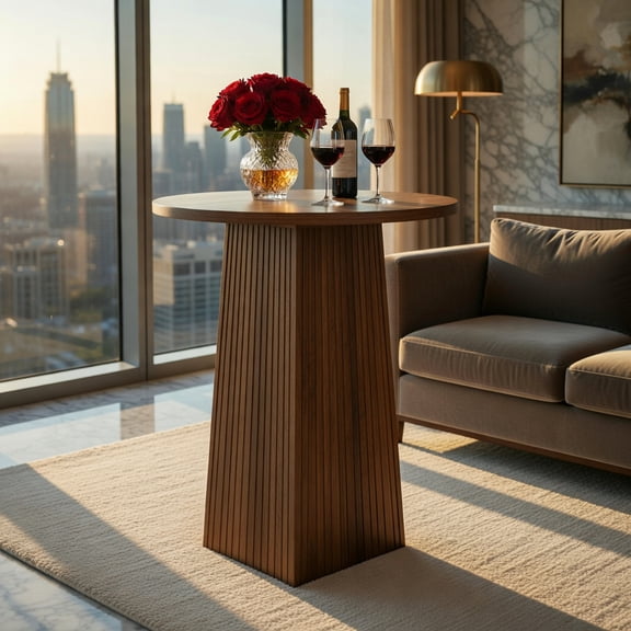 Demi Bonn Modern Round Bar Table 31" Diameter, Fluted Pedestal Pub Table for Kitchen, Apartment, Breakfast Nook & Home Bar, Brown