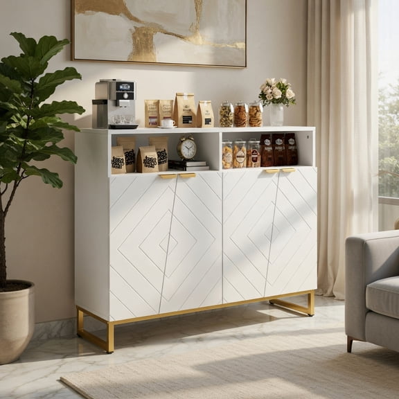 Demi Bonn Modern Sideboard Cabinet,4-Door 2 Open Shelves,3-Level Adjustable Shelves,Anti-Tip,White