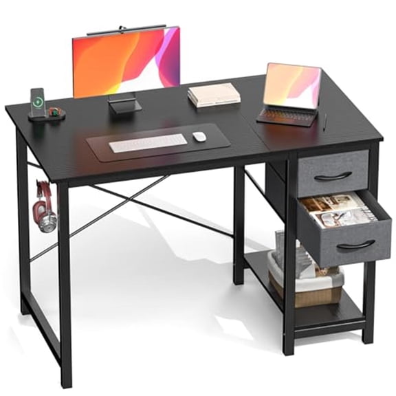 Demi Bonn Modern Study Desk, Adjustable Drawers & Side Hooks, Office & Bedroom Use, Gray