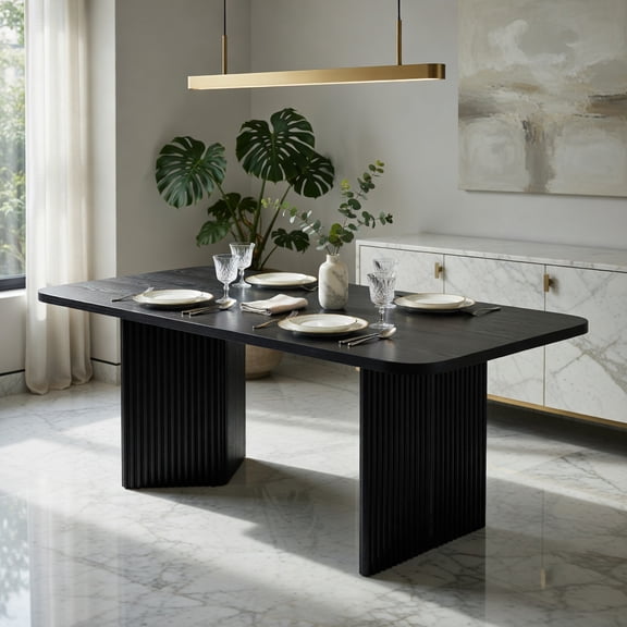 Demi Bonn Modern Wood Dining Table, 63" Rectangular Double Pedestal Table for 6, Sturdy Triangular Prism Base, Heat & Water Resistant Surface, Black