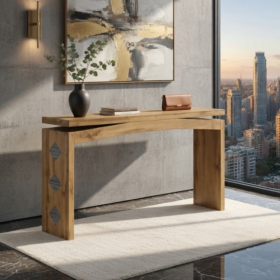 Demi Bonn Modern Wooden Console Table, 62" Slim Entryway Table with Geometric Inlay, Floating Crossbeam Design for Hallway, Living Room & Bedroom, Beige