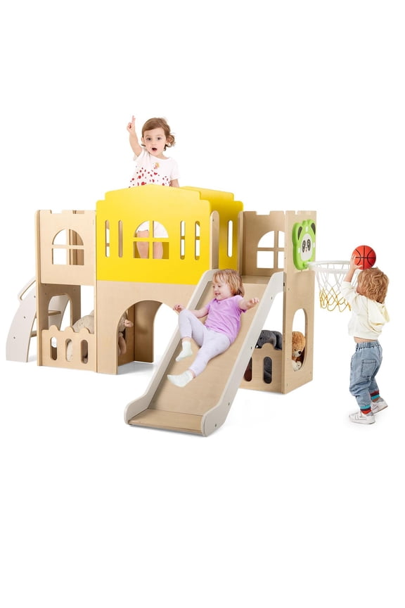 Multicolor 7-in-1 Toddler Slide Set, Castle Design, Climber, Basketball Hoop