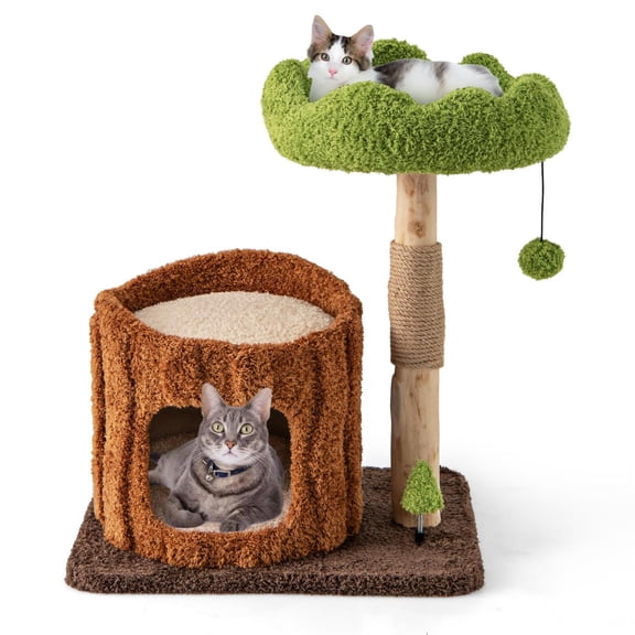 Pefilos Multifunctional Cat Tree, Scratching Posts & Top Perch, Cozy Condo & Hanging Toy, Brown