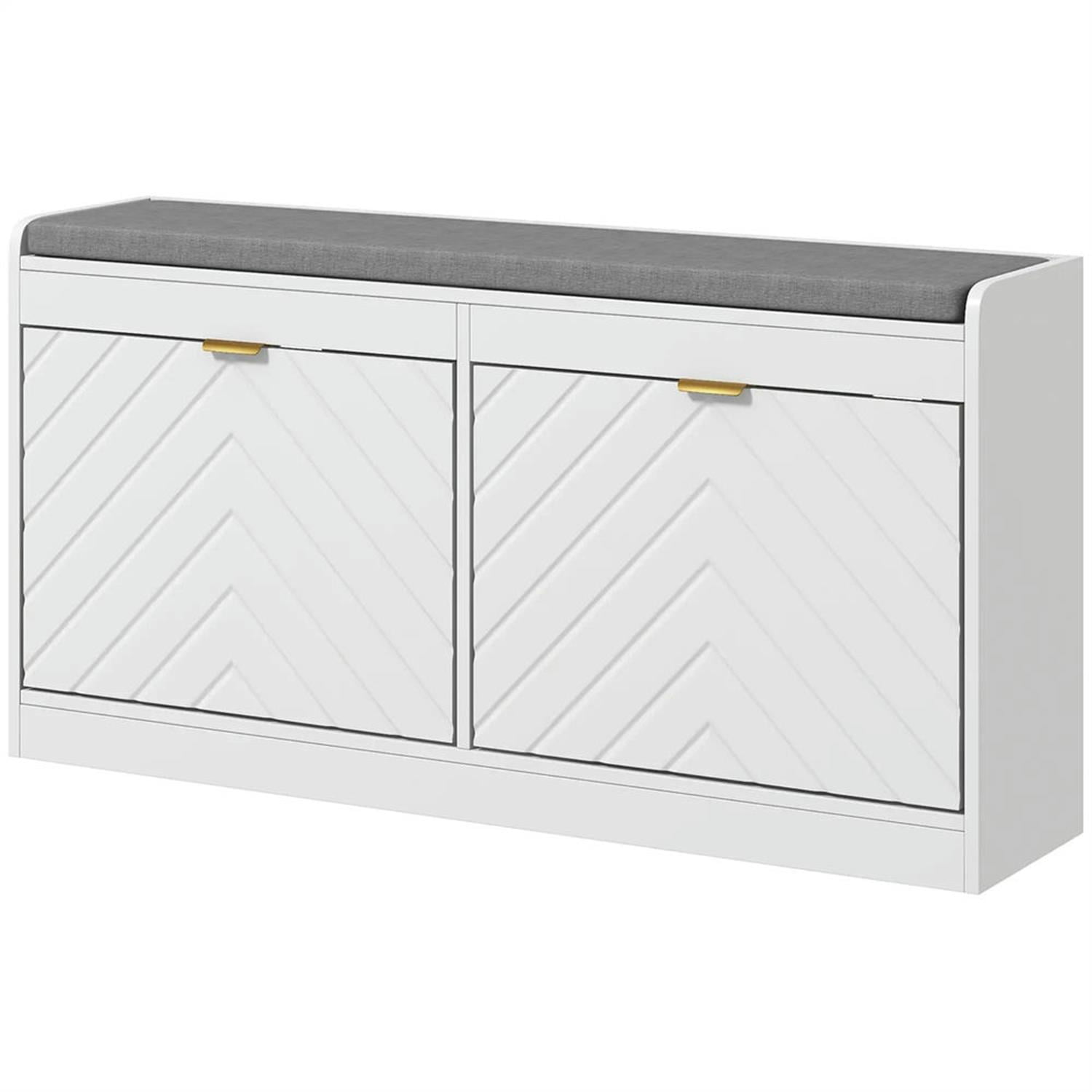 Demi Bonn Narrow Bench Upholstered Entryway Bench, Shoe Storage Bench with 2 Flip Drawers, 2 Ventilated Shoe Rack for 8 Pairs, White