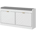 thumbnail image 1 of Demi Bonn Narrow Bench Upholstered Entryway Bench, Shoe Storage Bench with 2 Flip Drawers, 2 Ventilated Shoe Rack for 8 Pairs, White, 1 of 11