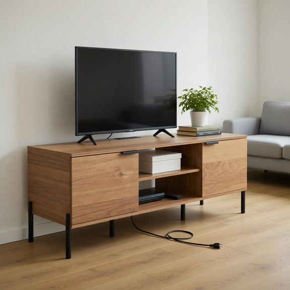 Demi Bonn Natural Finish 2-Door TV Stand with Built-in Charging Station, Open & Enclosed Storage for TVs up to 65 Inches, Engineered Wood & Metal Console Table, White