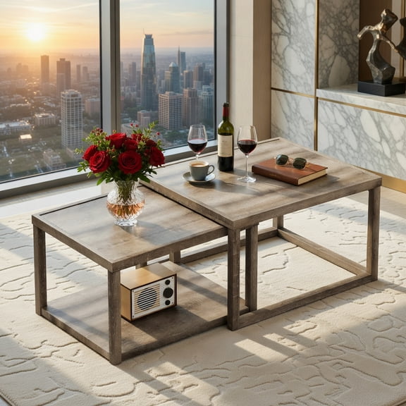 Demi Bonn Nesting Coffee Table Set of 2, Stackable Design, Rubber Wood Frame, Gray
