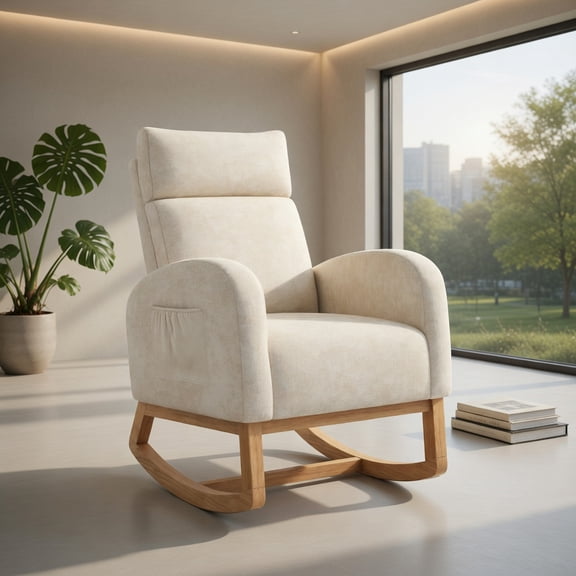 Demi Bonn Nursery Chenille Rocking Chair - Rubber Wood Frame, Ergonomic Support, Side Pockets, Beige