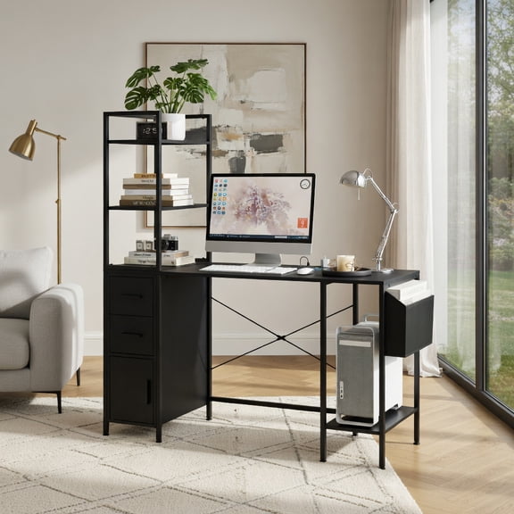 Demi Bonn Office Computer Desk, RGB LED Lights, X-Shaped Reinforcement, with LED Lights and Power Outlets and Open Shelves-Black