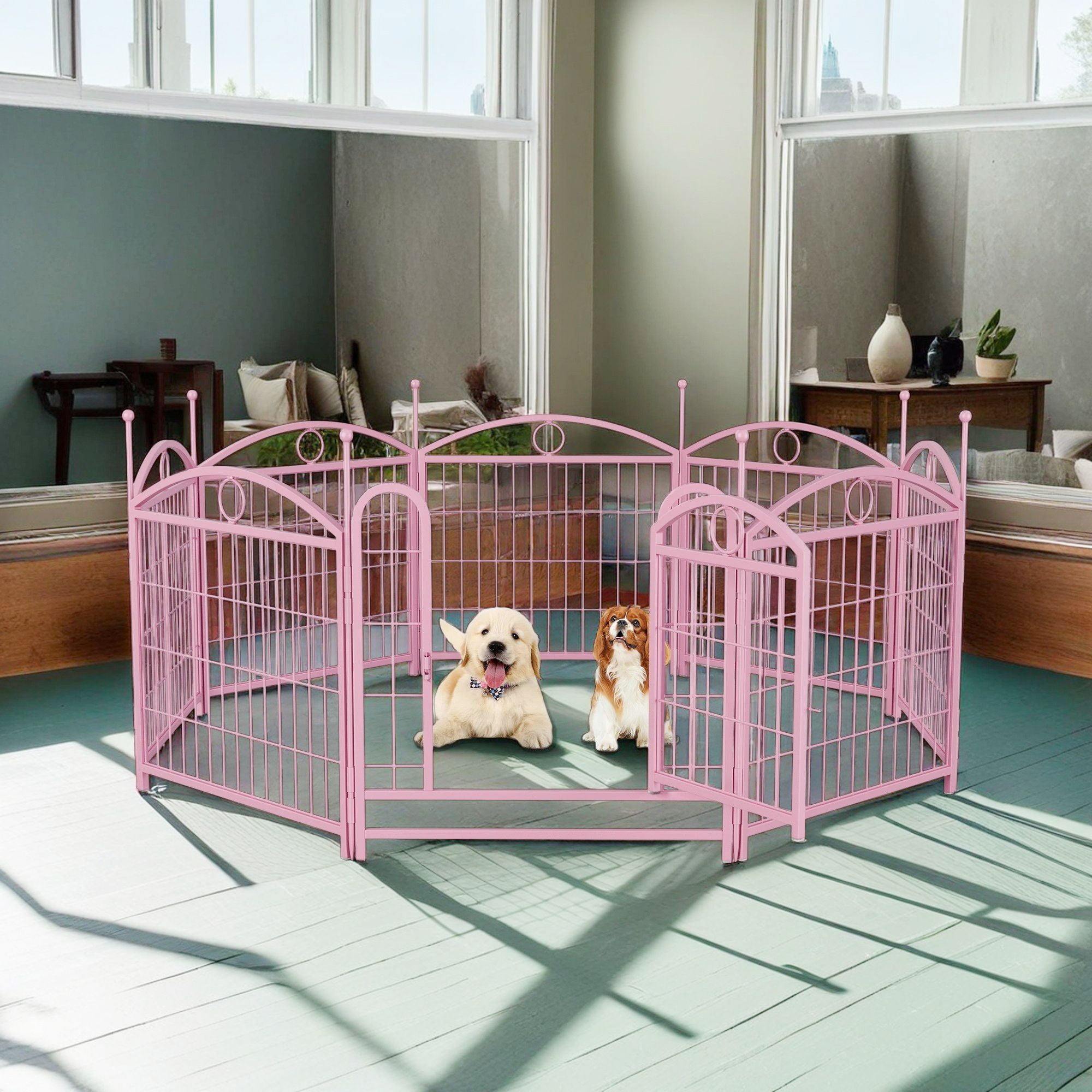 Demi Bonn Outdoor Dog Playpen with Doors, 24" 8 Panels Indoor Dog Fence Metal Dog Pen Pet Puppy Exercise Pen for RV Camping Garden Yard, Pink