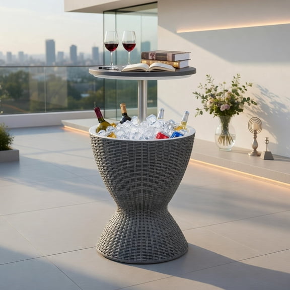 Demi Bonn Outdoor Extendable Rattan Bar Table, All-Weather Patio Side Table & Ice Bucket with Adjustable Height (22.5" & 32.5"), Gray