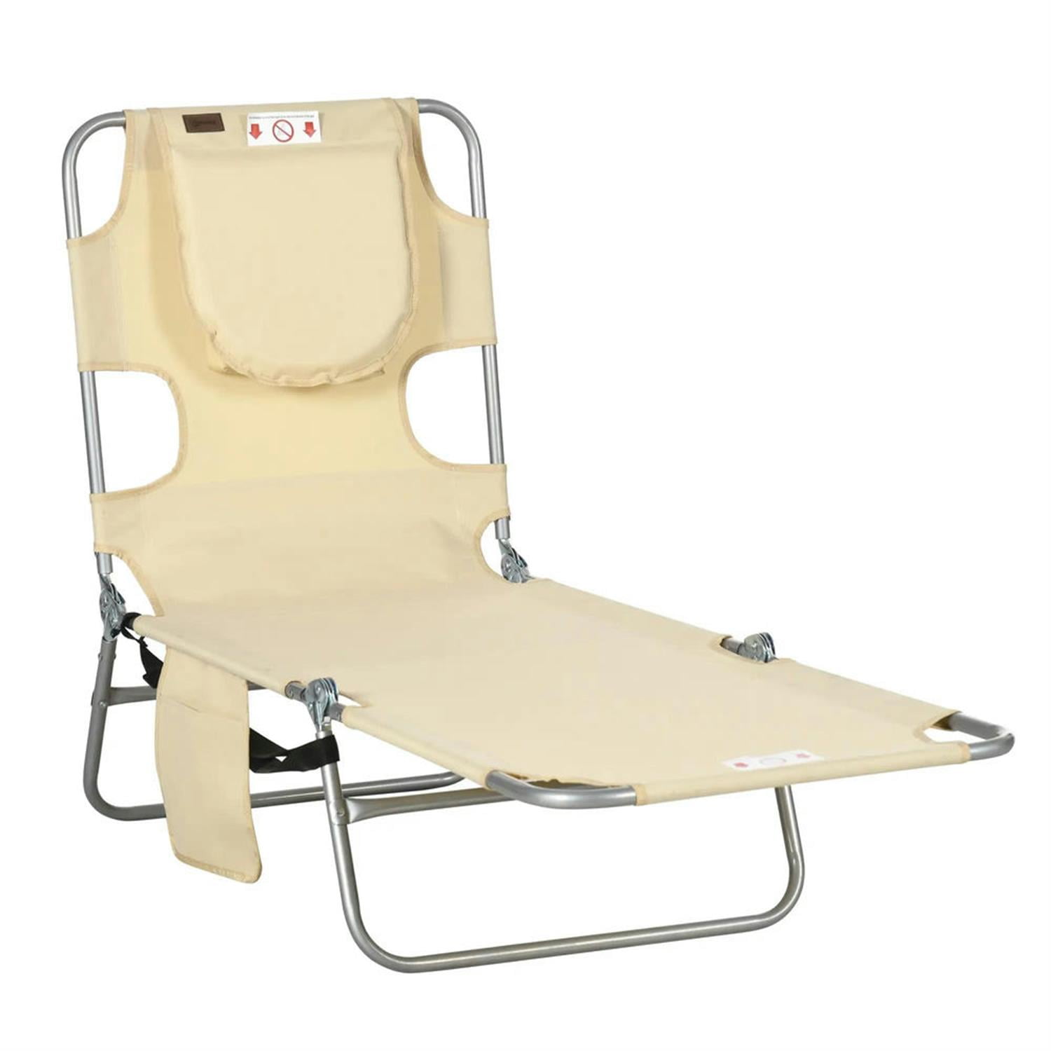 Demi Bonn Outdoor Folding Beach Lounger with Pillow, 5-Position Sun Tanning Chair, Face Hole for Beach, Yard, Patio, Beige