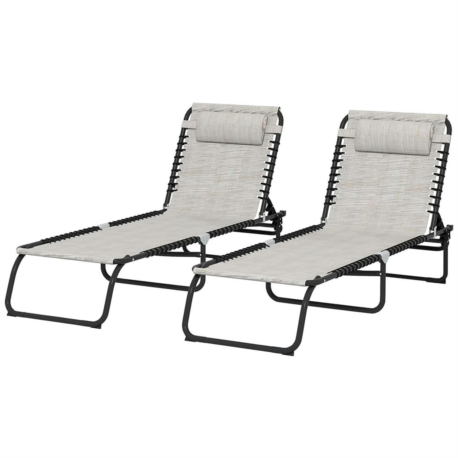 Demi Bonn Outdoor Folding Chaise Lounge Chairs Set of 2 with 4-Position Reclining Pillow-Back, Breathable Mesh Seat, Bungee for Pool, Beach, Patio, Beige