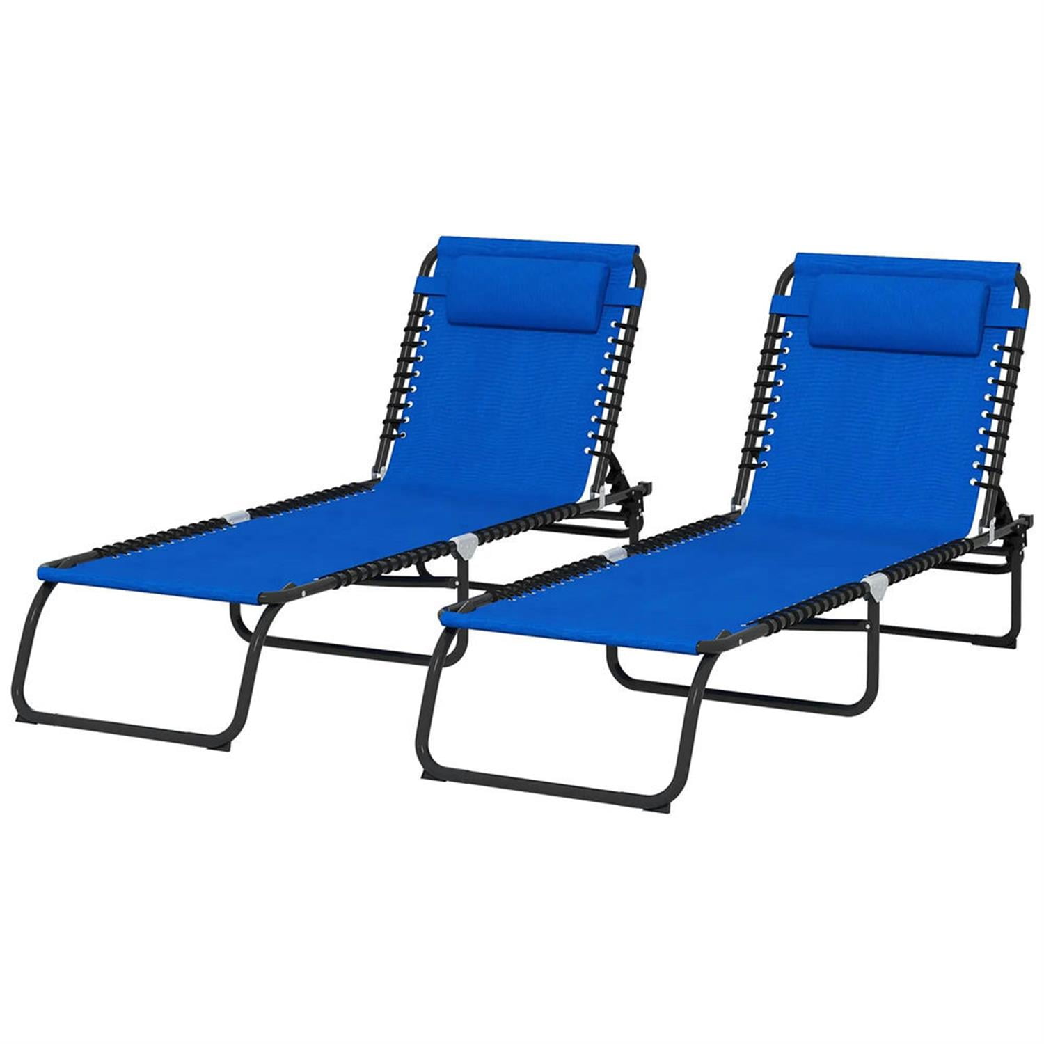 Demi Bonn Outdoor Folding Chaise Lounge Chairs Set of 2 with 4-Position Reclining Pillow-Back, Breathable Mesh Seat, Bungee for Pool, Beach, Patio, Blue