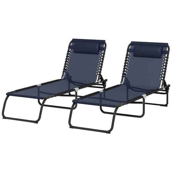 Demi Bonn Outdoor Folding Chaise Lounge Chairs Set of 2 with 4-Position Reclining Pillow-Back, Breathable Mesh Seat, Bungee for Pool, Beach, Patio, Navy