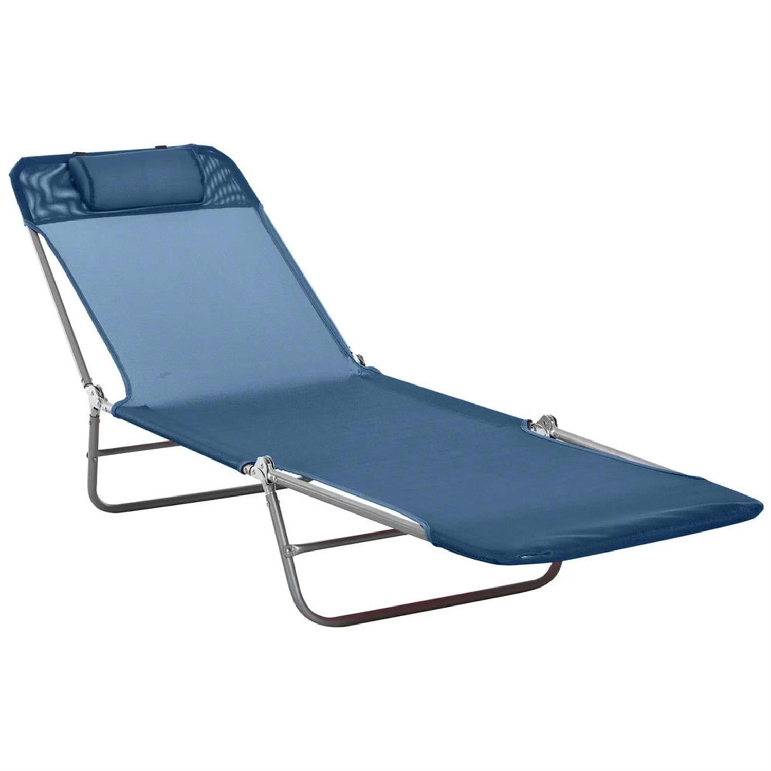 Demi Bonn Outdoor Folding Chaise Lounge with Reclining Back, Mesh Seat, Headrest for Pool, Beach, Yard, Patio, Sun Tanning, Blue