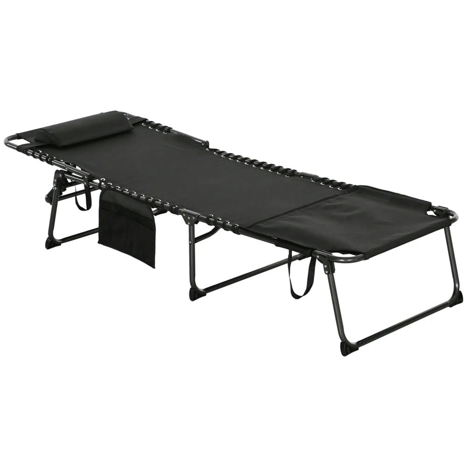 Demi Bonn Outdoor Folding Chaise Lounger with 5-Position Reclining, Built-in Reading Grommet, Side Storage, Pillow Relaxation for Sunbathing, Black