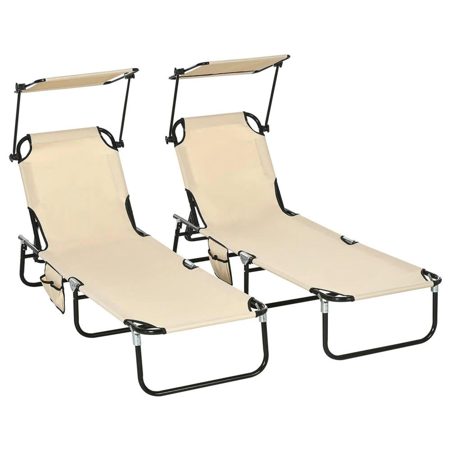 Demi Bonn Outdoor Folding Chaise Lounges Set of 2 with Canopy, Steel Frame, Side Pockets, Reclining Sun Chairs for Beach, Yard, Patio, Beige