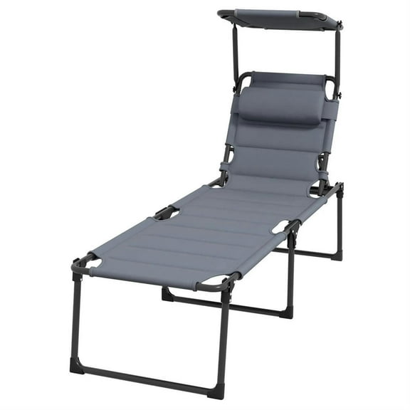 Demi Bonn Outdoor Folding Lounger with 4-Position Reclining, Pillow & Sun Canopy for Relaxing Patio, Deck, Comfortable Sun Protection Seating, Gray