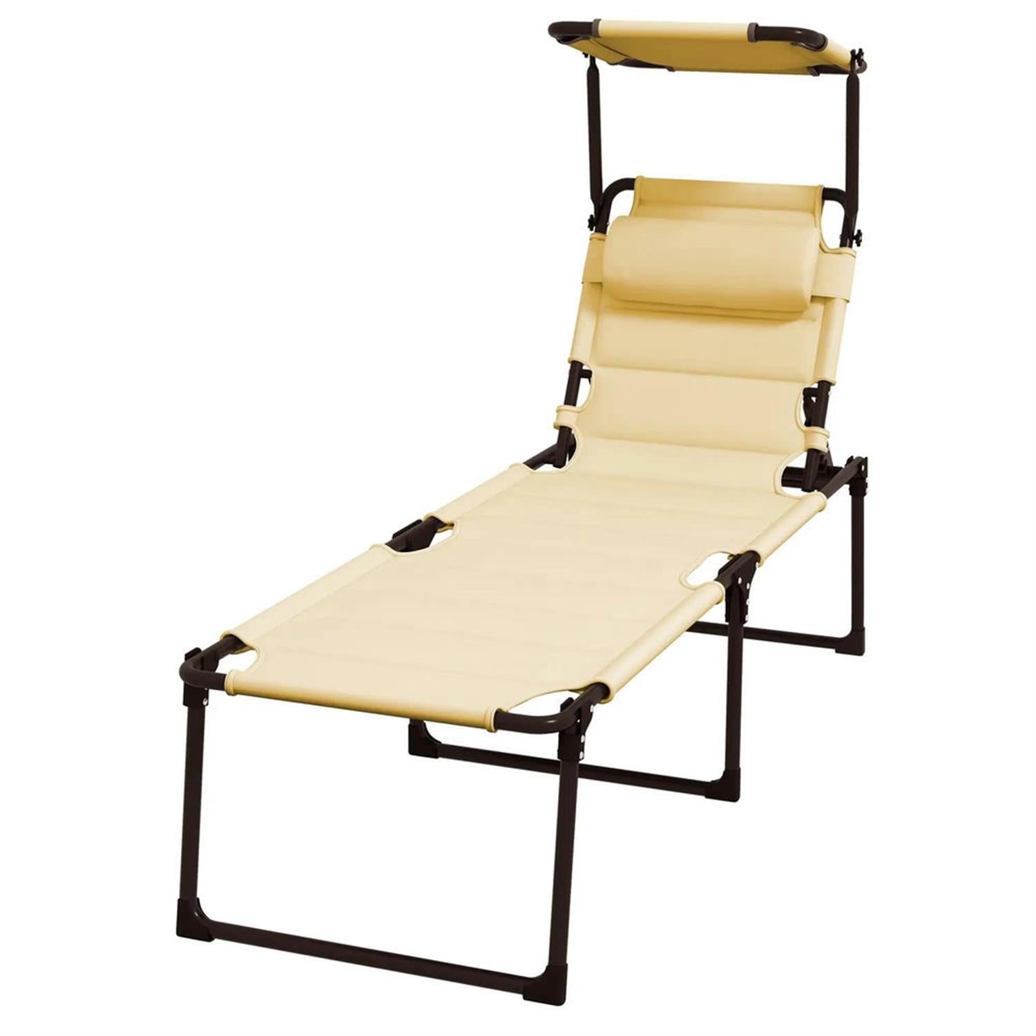 Demi Bonn Outdoor Folding Lounger with 4-Position Reclining, Pillow & Sun Canopy for Relaxing Patio, Deck, Comfortable Sun Protection Seating, Yellow