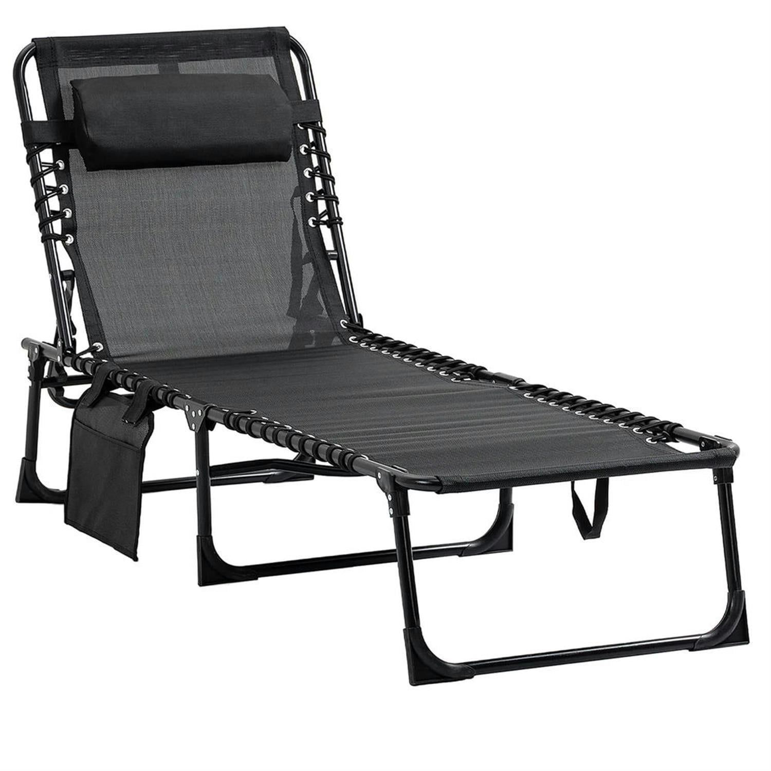 Demi Bonn Outdoor Folding Reclining Chaise Lounge with Adjustable Backrest, Pillow, Portable Sun Lounger Cot for Patio, Garden, Beach, Black