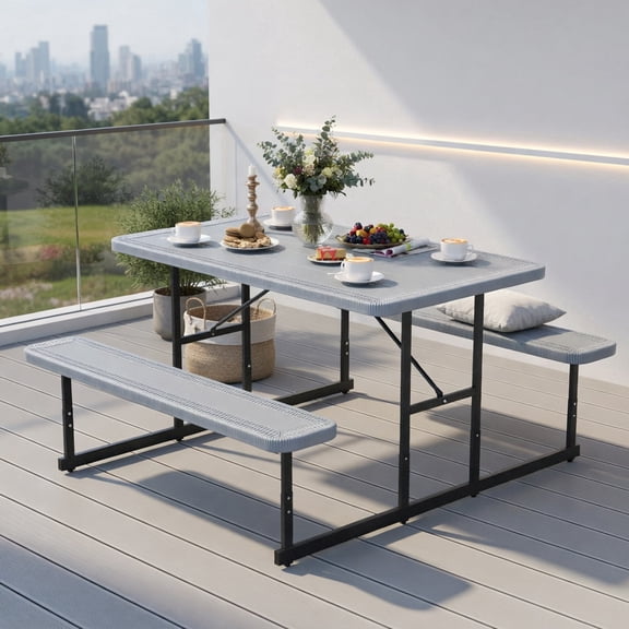 Demi Bonn Outdoor Picnic Table and Bench Set for 2-4 People, Rectangular HDPE Dining Table with Metal Frame, Gray