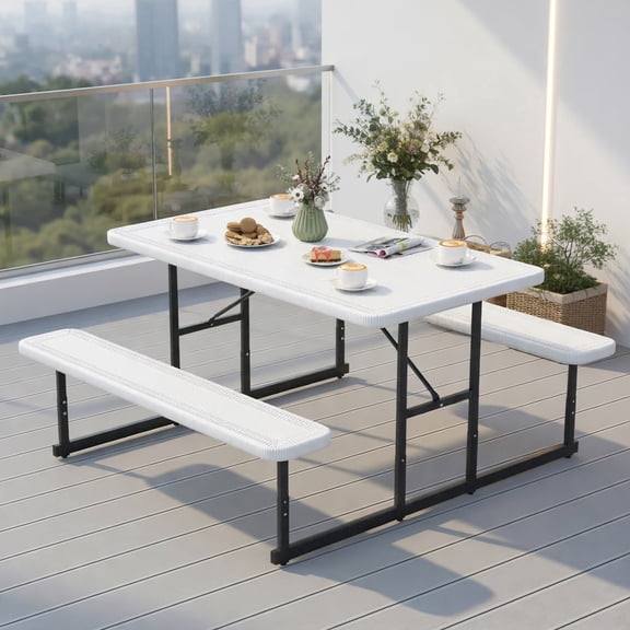 Demi Bonn Outdoor Picnic Table and Bench Set for 2-4 People, Rectangular HDPE Dining Table with Metal Frame, White