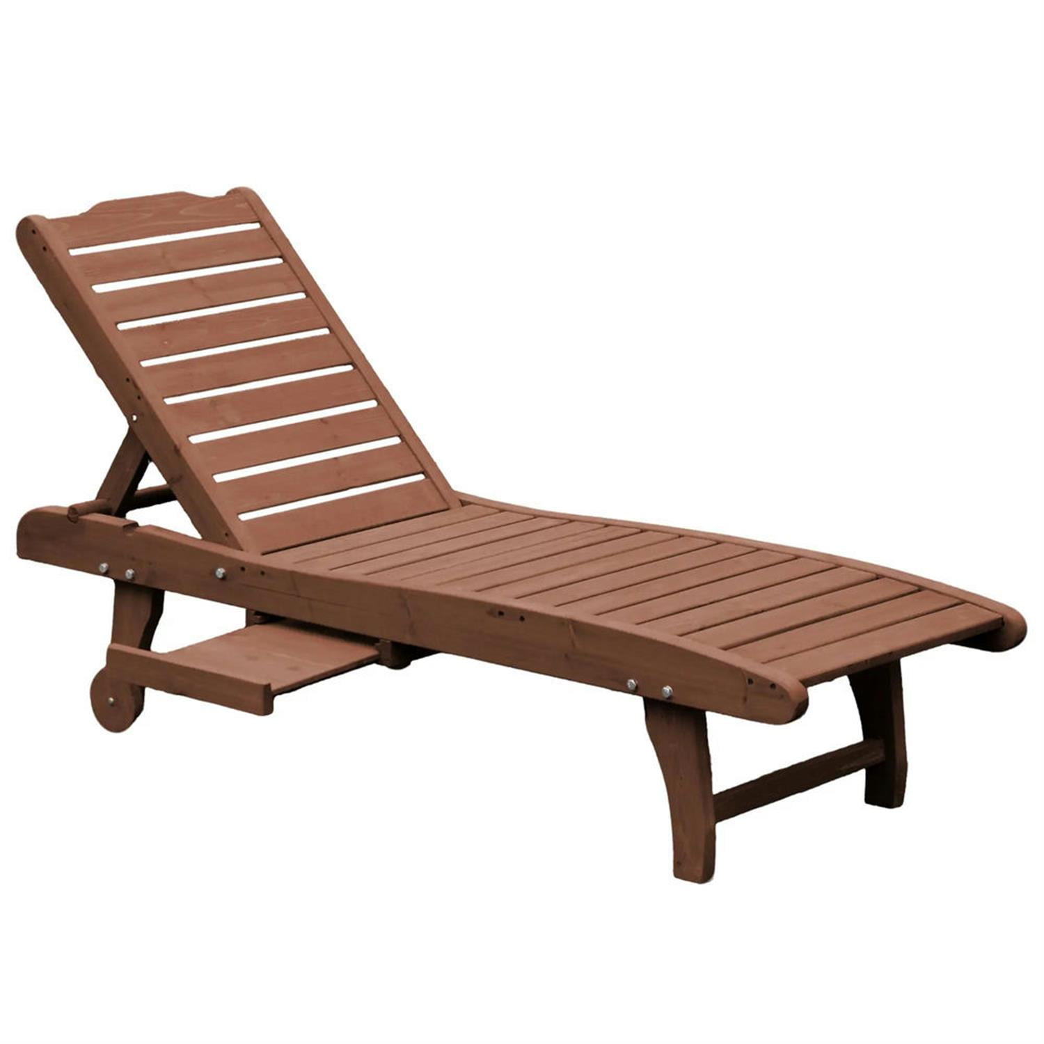 Demi Bonn Outdoor Wooden Chaise Lounge with 3-Position Backrest, Integrated Table & Casters for Beach Poolside Sunbather, Brown