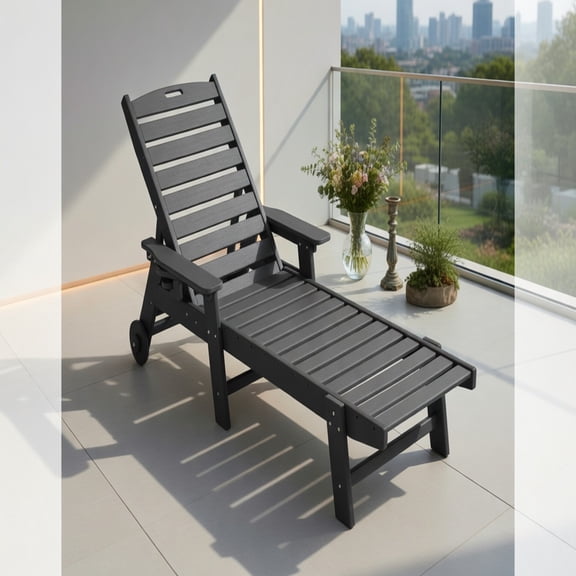 Demi Bonn Oversized Outdoor HDPE Chaise Lounge Chair 5 Position Adjustable Backrest Wood Texture Dual Cup Holders Mobility Wheels Heavy Duty 400 Lbs Capacity, Black