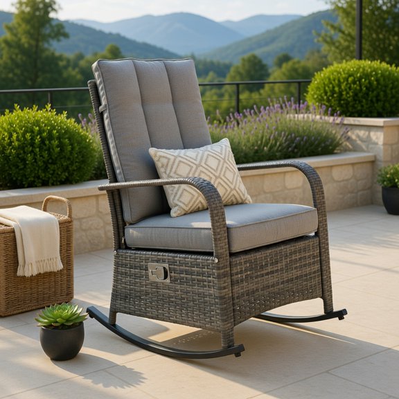 Demi Bonn PE Rattan Outdoor Rocking Recliner Adjustable Footrest Removable Cushion Gray Weather Resistant Patio Lounge Furniture, Gray Rattan