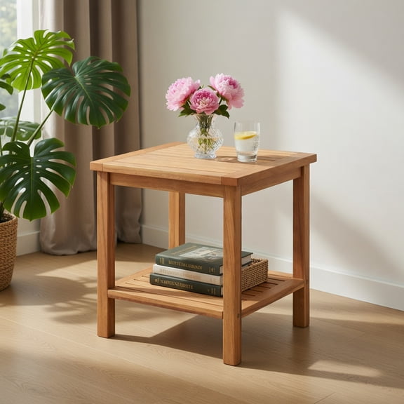 Demi Bonn Patio Acacia Wood Side Table Set of 2 with Slatted Tabletop & Storage Shelf, Outdoor Weather-Resistant Side Table for Patio Yard Balcony, Natural