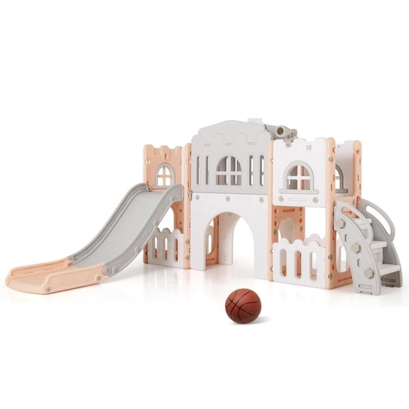 Demi Bonn Pink All-in-1 Toddler Playground, Extra-Wide Corridor, Slide, Tunnel, Basketball Hoop